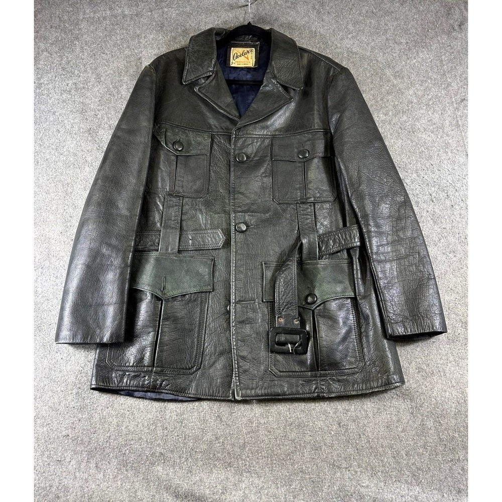 VTG 60s Avelars Safari Jacket Mens Large Black Leather Belted Coat Stunning 70s